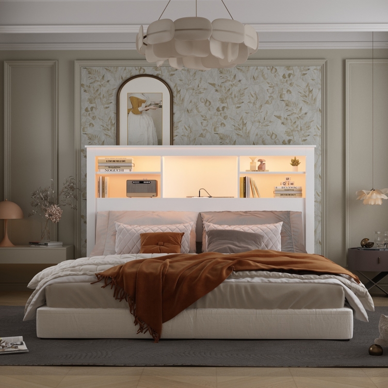 Bookcase Headboard in Matte White Finish with Integrated Lighting.