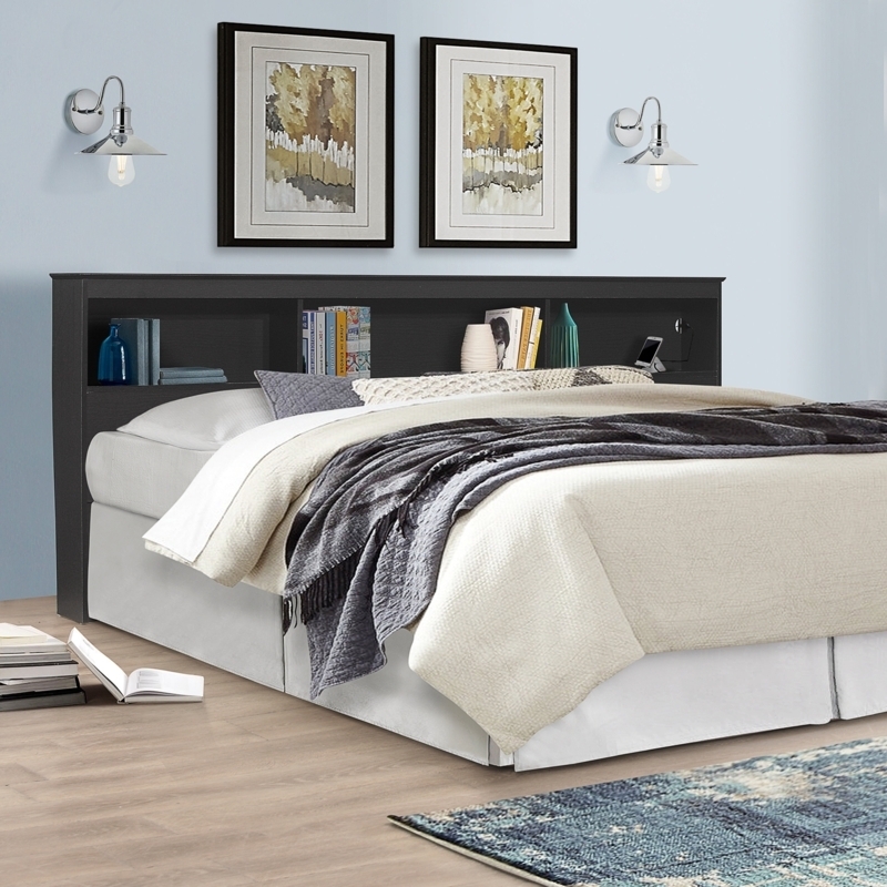 Bookcase Headboard Matte Black USB Charging Ports Open Storage Cubbies