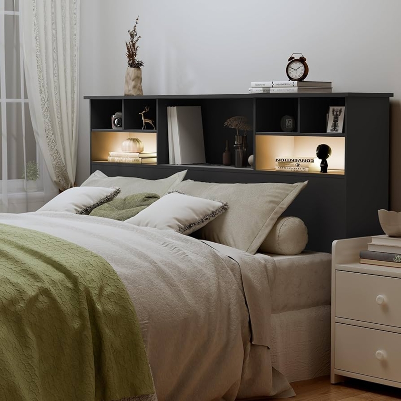 Bookcase Headboard Matte Black with Integrated LED Lighting