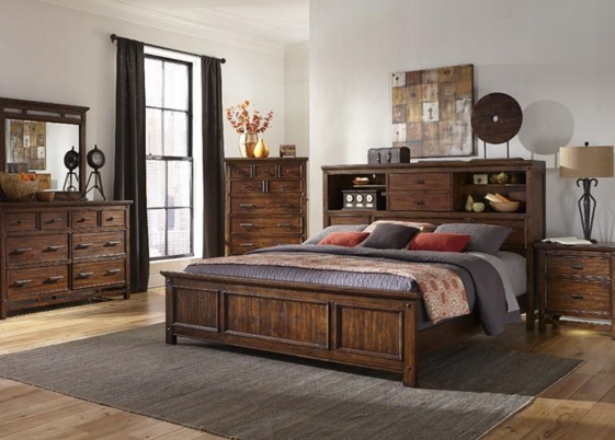 Bookcase Headboard Walnut Brown Recessed Panels Metal Hardware Rustic