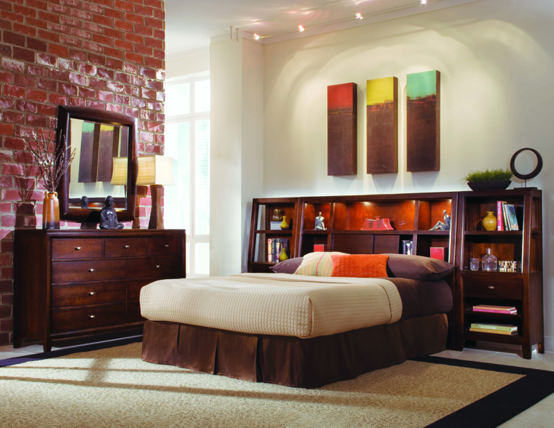 Bookcase Headboard Walnut Brown Side Towers Built In Lighting Mirror
