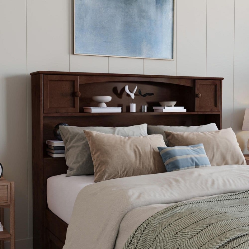 Bookcase Headboard Walnut Finish Side Cabinets & Arched Niche