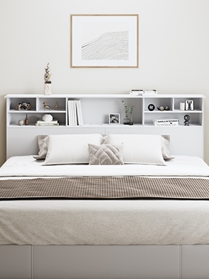 Bookcase Headboard with Built-In Shelving, Matte White Finish.
