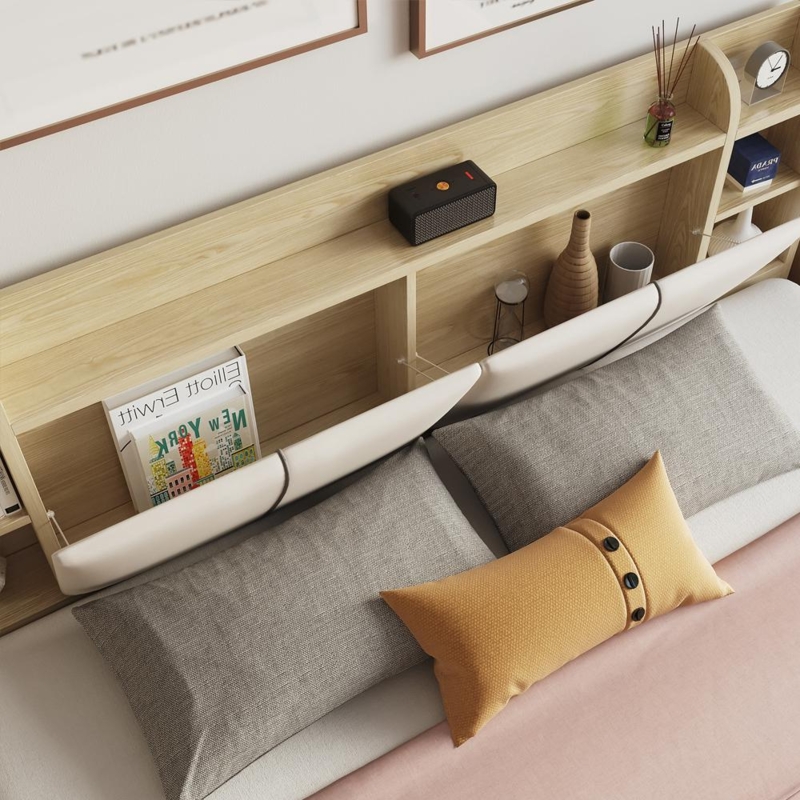 Bookcase Headboard with Flip-Down Storage, Light Wood Finish.