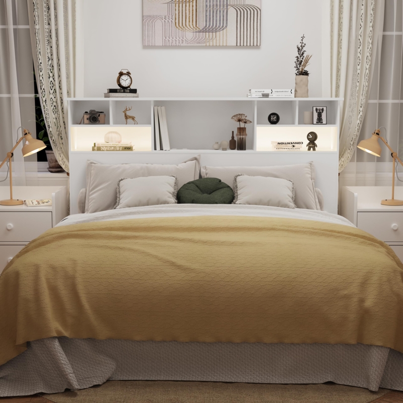 Bookshelf Headboard with USB Charging Ports, Integrated LED Lighting, White.