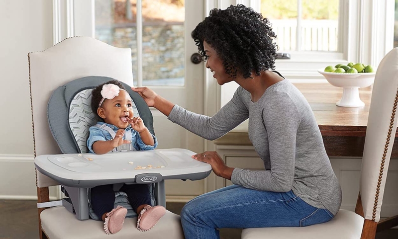 Booster High Chair with Nailhead Upholstered Base, Removable Tray, Grey.