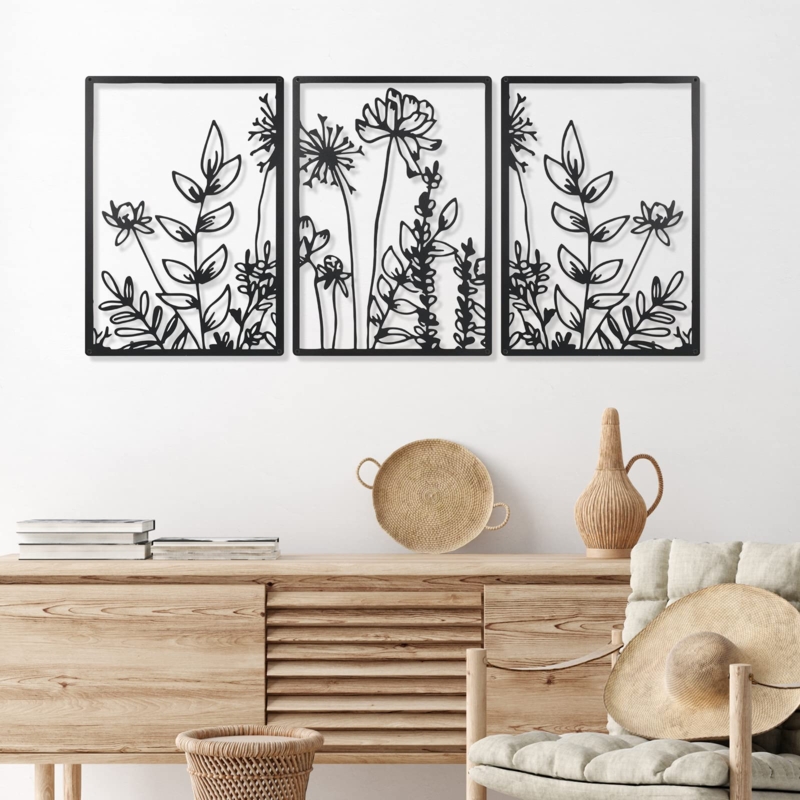 Botanical Line Art Triptych Wall Art Set Open Back Organic Modern