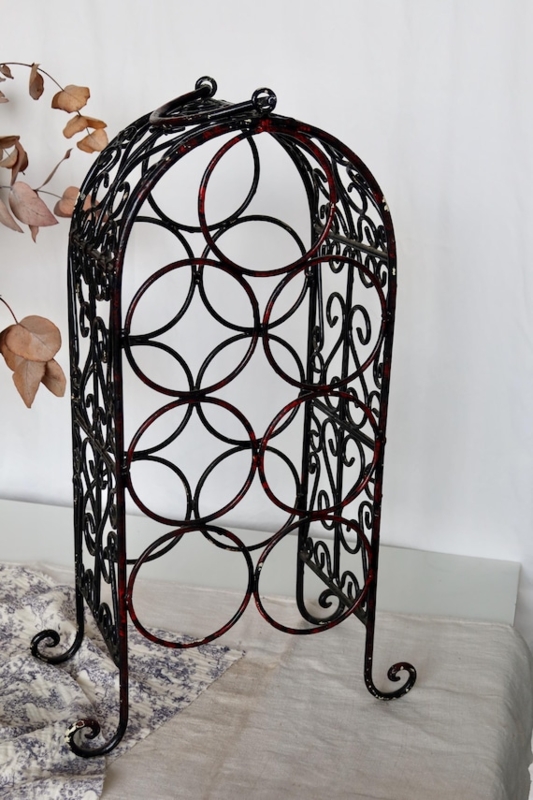 Bottle Rack, French Vintage, Distressed Enamel, Matte Black & Burgundy Red