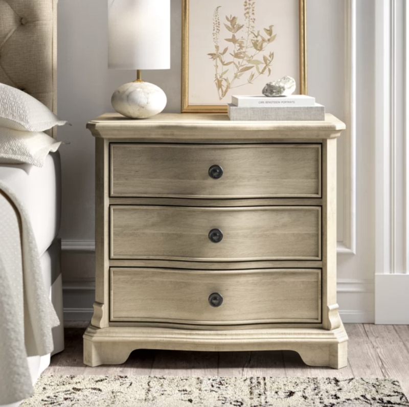 Bowed Front Nightstand Whitewashed 3-Drawer Chest Bracket Feet