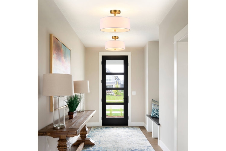 Brass Drum Ceiling Lights Twin Fixtures Semi Flush Mount White Shade