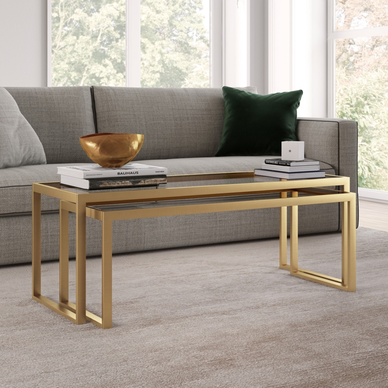 Brass Nesting Coffee Table Set Modern Glass Top Open Frame
