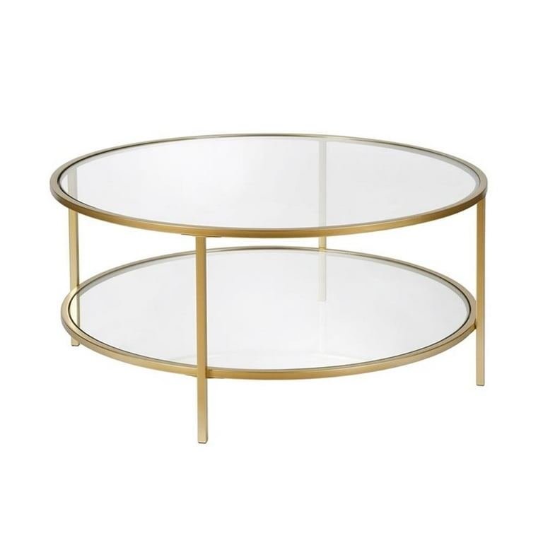 Brass Round Coffee Table Two Tier Glass Shelf 36 Inch Diameter