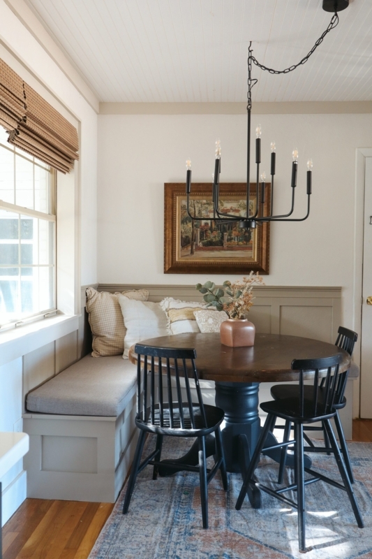 Breakfast Nook Bench with Candelabra Chandelier and Spindle Chairs