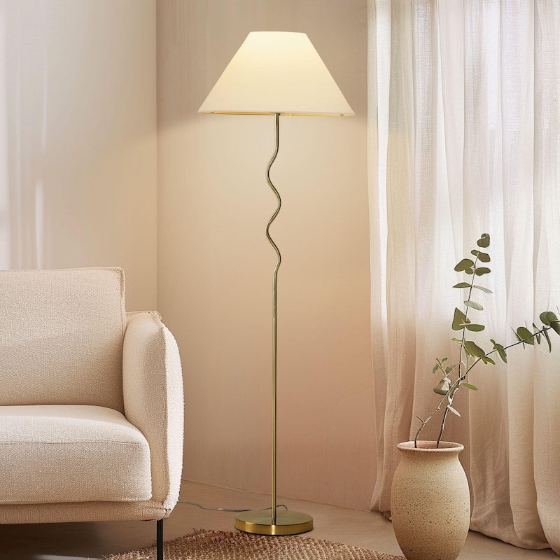 Brightech Squiggle Floor 62.13 in. Antiqued Brass Contemporary Ambient Standing  Column Floor Lamp with Ivory Fabric Empire Shade - Overstock - 40857202