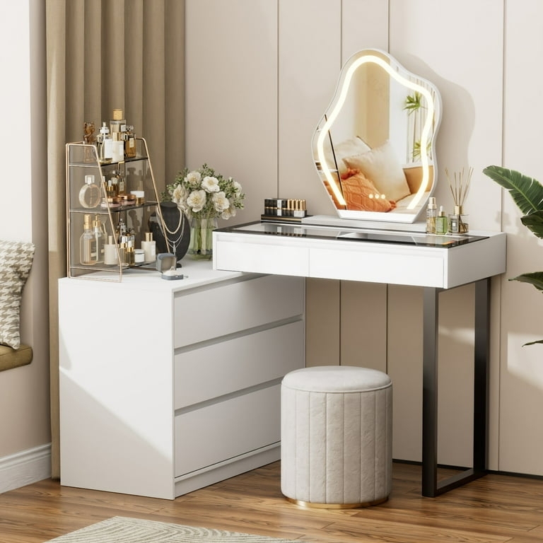 Brottar Corner Makeup Vanity Desk with Mirror and Lights, 58" Modern L-Shaped Vanity Table with Glass Top, Large Dressing Table with 2 Drawers & 3