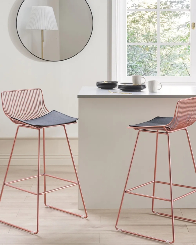 Brushed Copper Bar Stools with Vertical Wire Back and Seat Pad