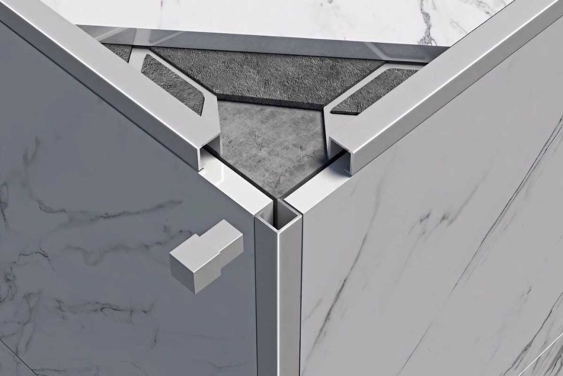 Brushed Metal Square Edge Tile Trim with 3-Way Corner Connector Cube