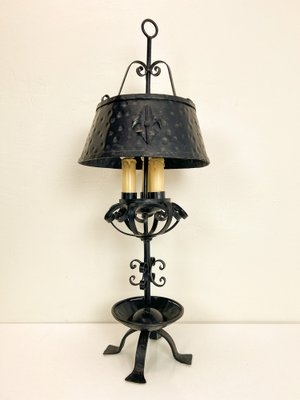 Brutalist Gothic Revival Forged Iron Lamp, Fleur-de-lis Emblem