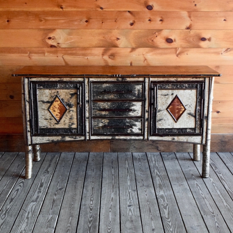 Buffet Cabinet Rustic Birch Bark Panels Diamond Inlays Twig Accents