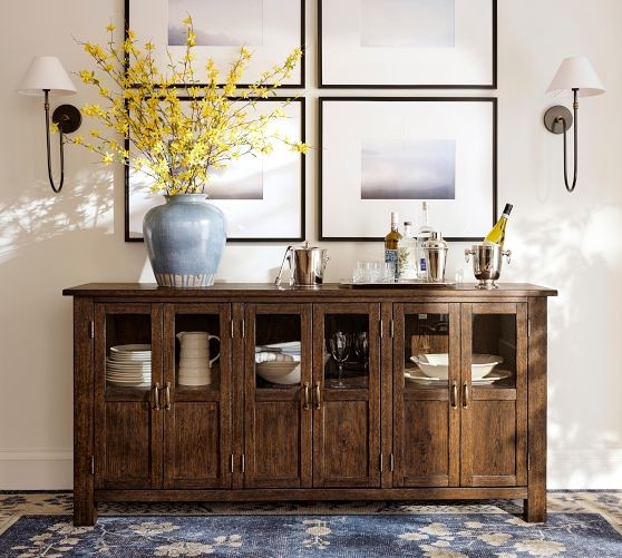 Buffet Cabinet, Six Door Design with Glass Fronts & Dark Wood Grain