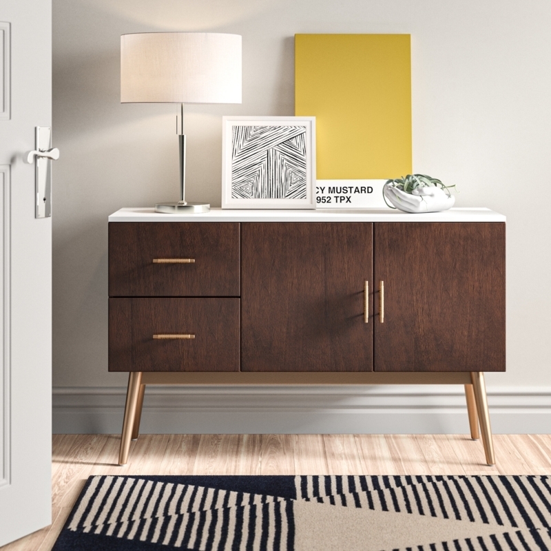 Buffet Cabinet with Tapered Gold Legs, Walnut Finish & White Surface Top