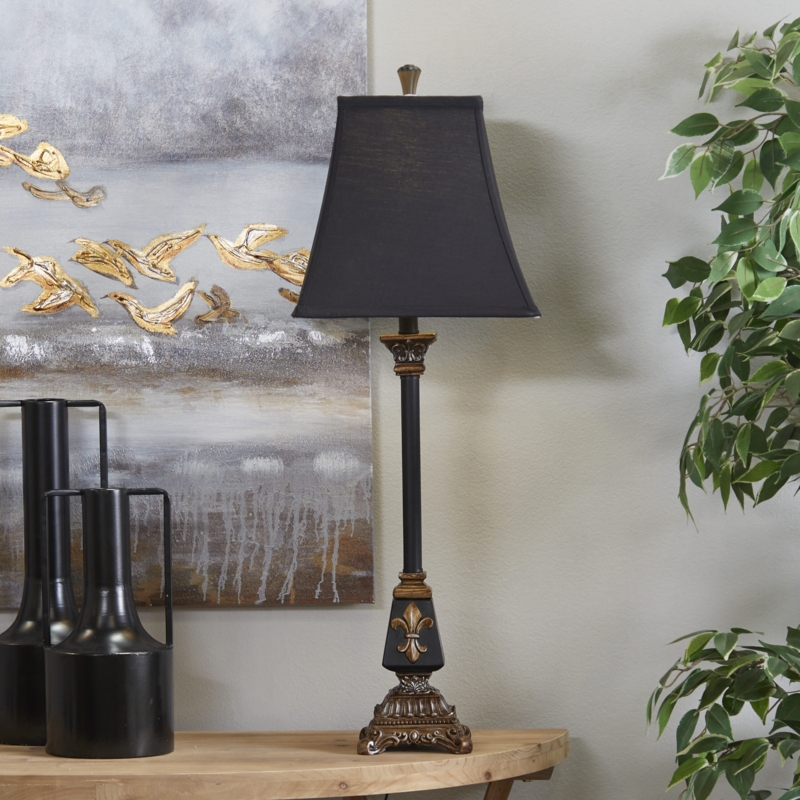 Buffet Lamp: Antique Style Black Fleur-de-Lis Emblem Stone Texture Shade