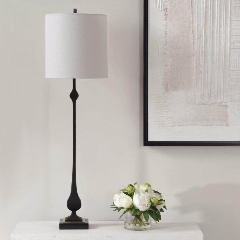 Buffet Lamp: Extra Tall Sculptural Hourglass Stem Crisp White Drum Shade