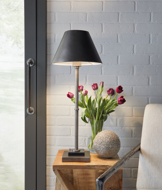 Buffet Lamp: Mid Century Slim Profile Aged Pewter Finish Conical Shade