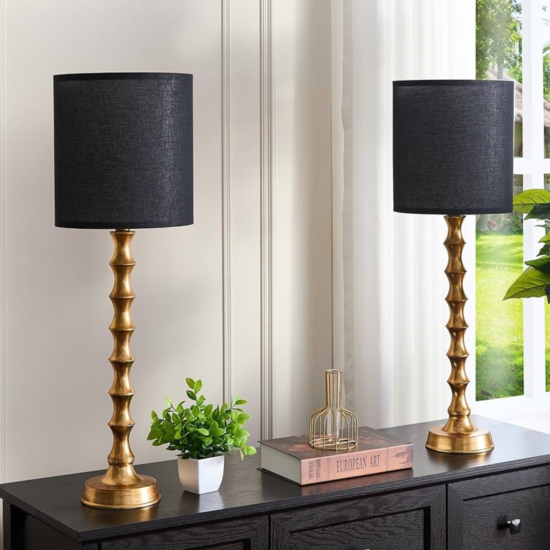 Buffet Lamp Set: Gold Bamboo Stem Design with Black Fabric Drum Shades