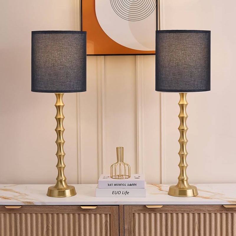 Buffet Lamp Set: Sculptural Gold Stacked Ball Bases Black Drum Shades