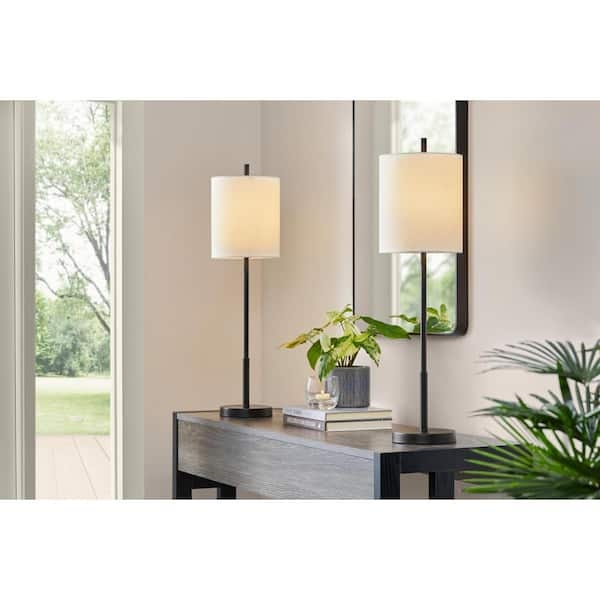 Buffet Lamp Set: Two Tall Slim Profile Metal Bases White Drum Shades