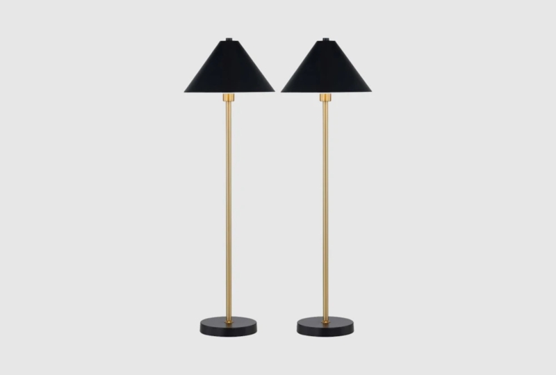 Buffet Lamp Set: Ultra Slim Brass Stick Stem with Conical Metal Shades