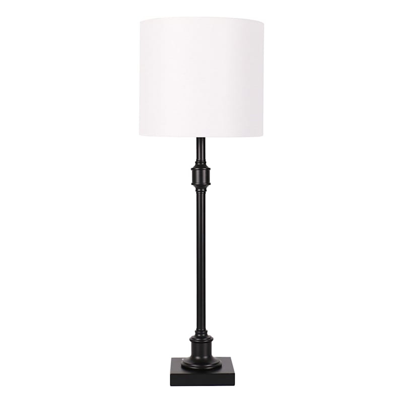 Buffet Lamp: Slender Metal Turned Neck Detail with White Drum Shade
