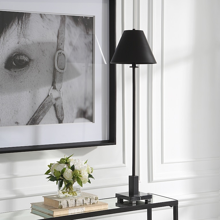 Buffet Lamp: Tall Slender Metal Tapered Cone Shade Square Stepped Base