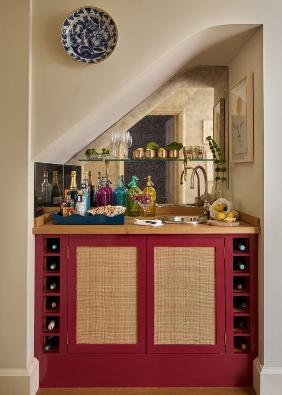 Built-in Home Bar Crimson Red with Cane Front Doors and Sink