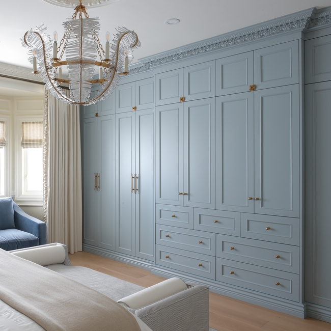 Built In Wardrobe Dusty Blue Ornate Crown Molding Brass Accents