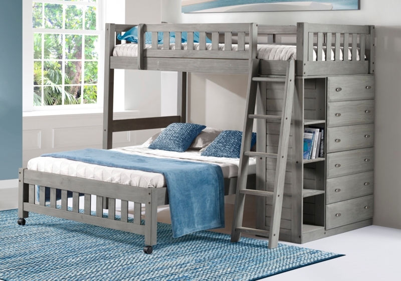 Bunk Bed Charcoal Gray Integrated Dresser Built-in Bookshelf