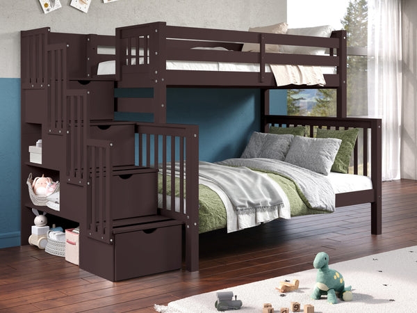 Bunk Bed: Dark Cherry Twin Over Full with Stairway Storage