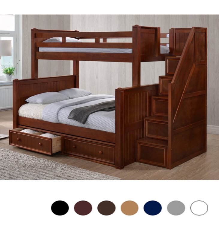 Bunk Bed: Dark Pecan Twin Over Full Staircase & Drawers