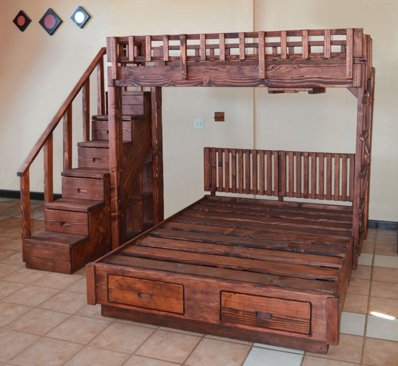 Bunk Bed Dark Redwood Stain Rustic Craftsman Style Integrated Stairs
