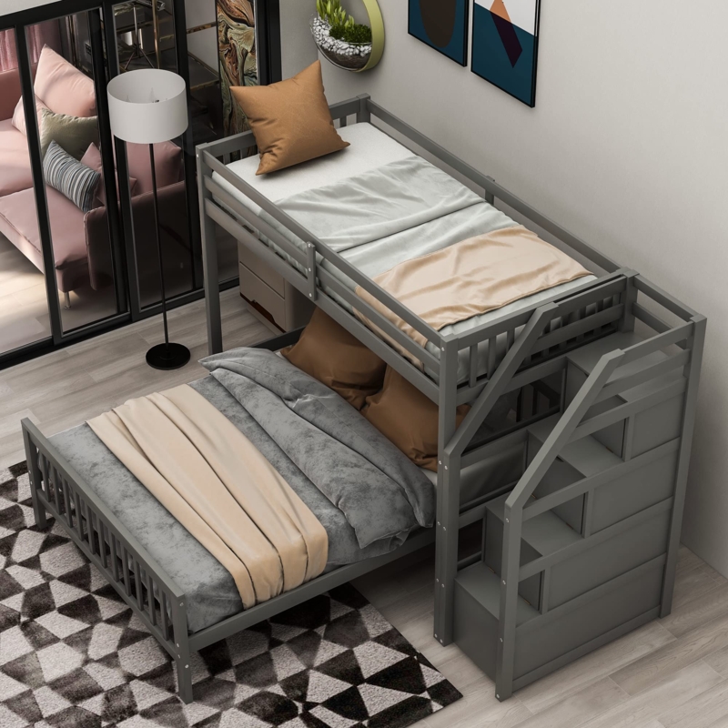 Bunk Bed: Gray Perpendicular Loft with Storage Stairs