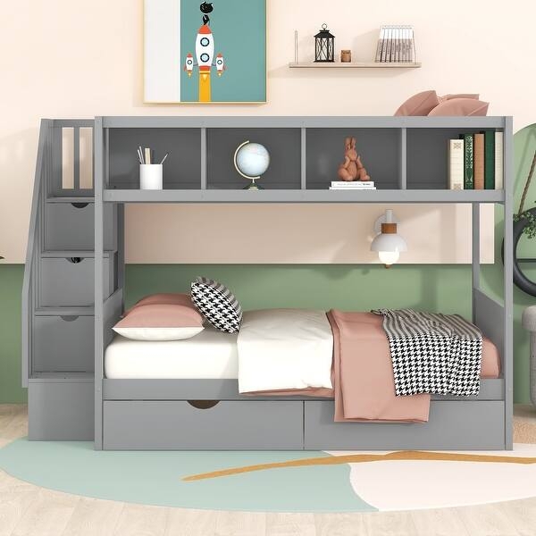 Bunk Bed: Gray Twin Over Full, Staircase with Built-in Shelving