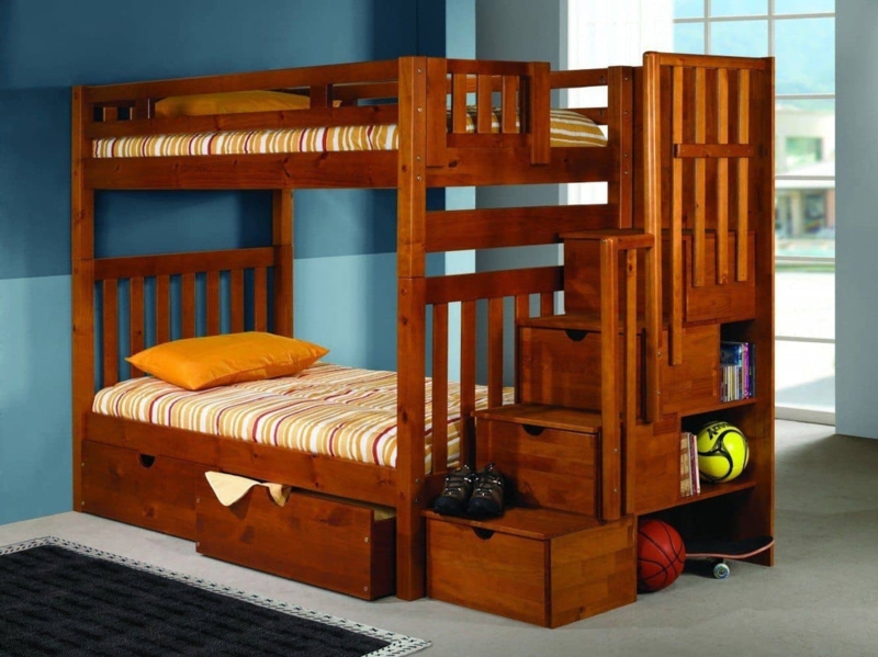 Bunk Bed Honey Oak Finish Staircase Drawers Trundle