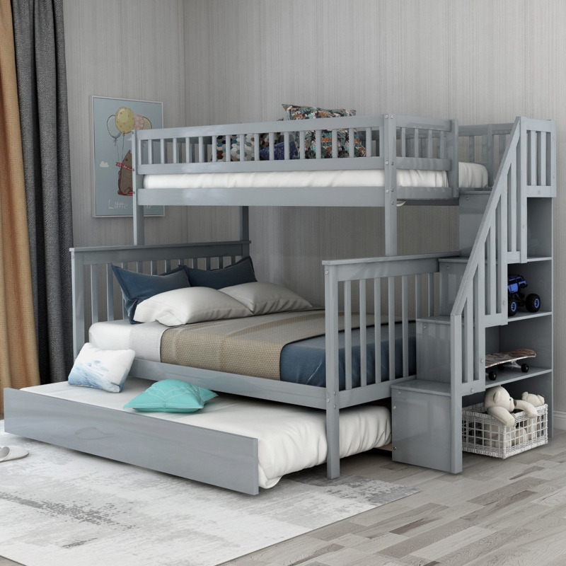 Bunk Bed: Light Gray Twin Over Full, Staircase with Shelving