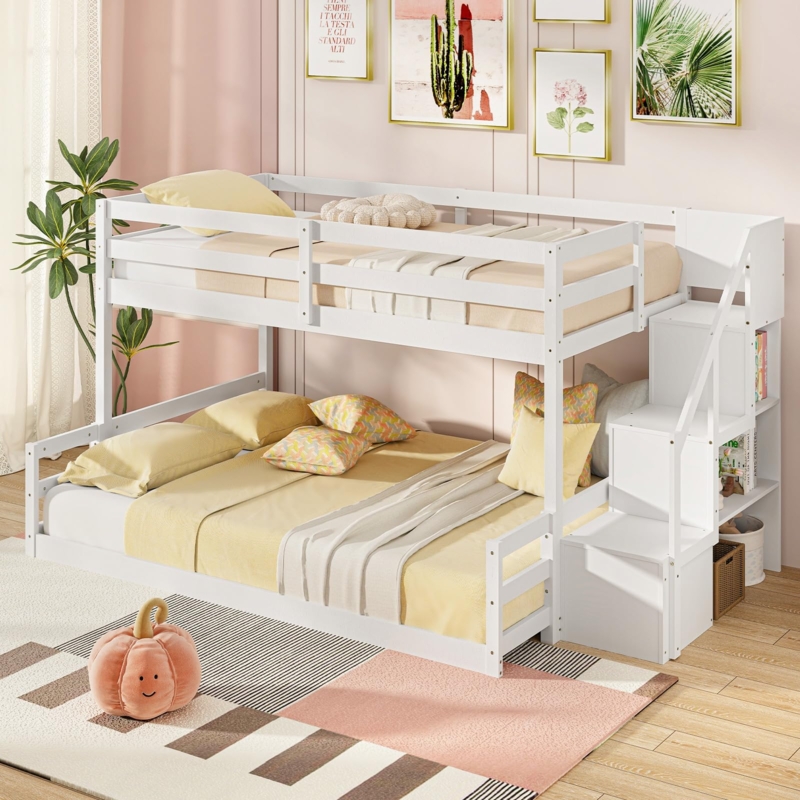 Bunk Bed: Low Profile Floor Design, Twin Over Full Stairs