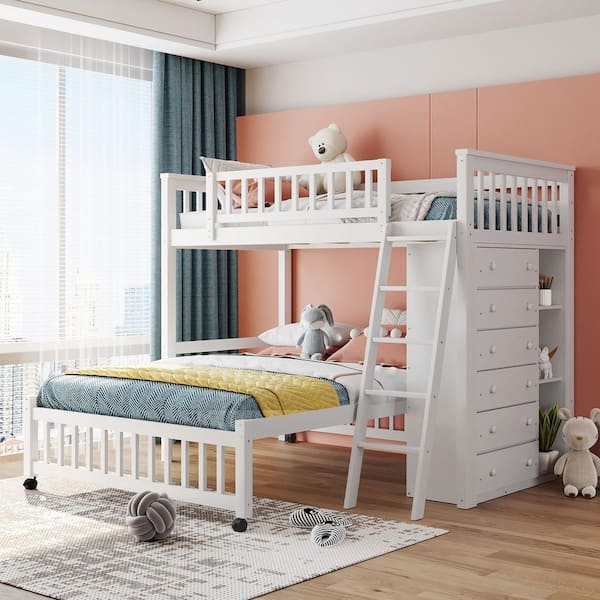Bunk Bed Movable Bottom Bed Six Storage Drawers Integrated Shelving