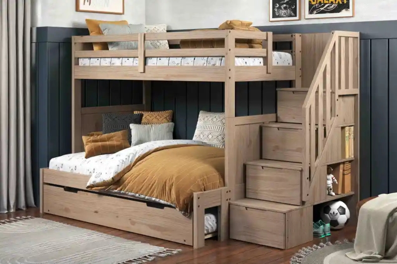 Bunk Bed: Natural Wood Twin Over Full, Staircase Storage
