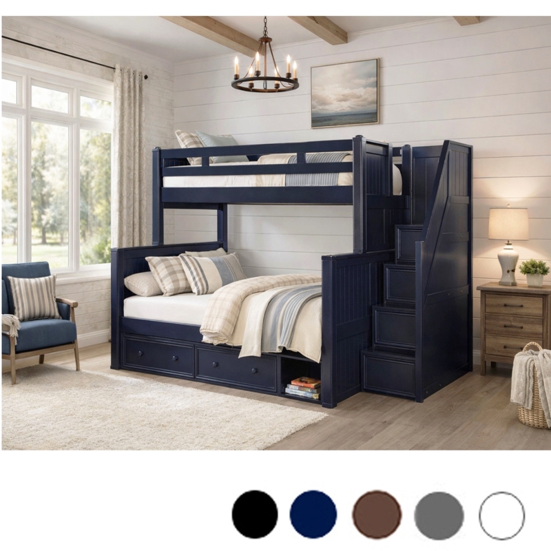 Bunk Bed: Navy Twin XL Over Queen with Storage Stairs