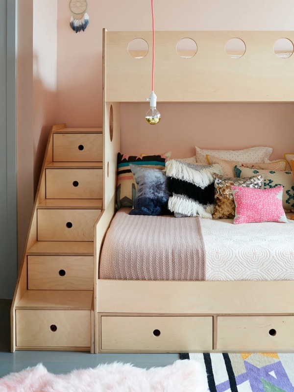 Bunk Bed Plywood with Circular Cutouts and Integrated Storage Stairs