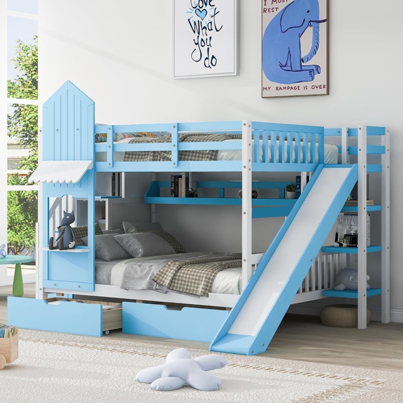 Bunk Bed Sky Blue Playhouse Facade with Integrated Slide and Drawers